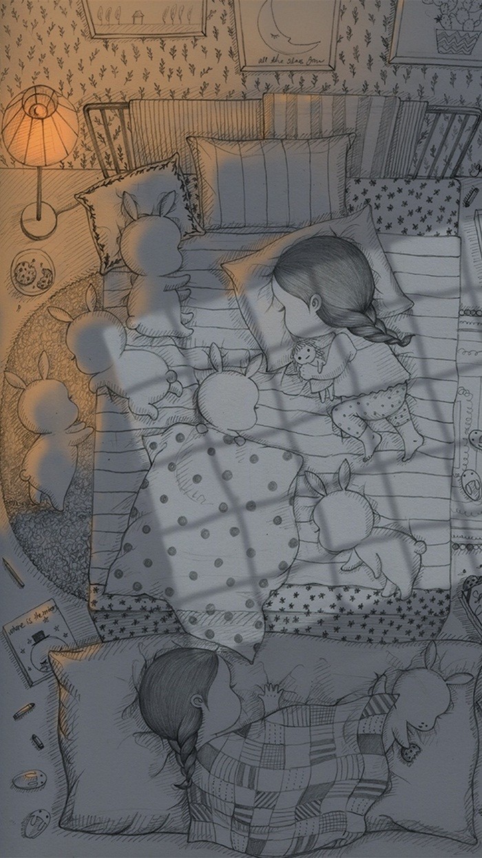 少女与兔子插画,兔子手绘创意插画