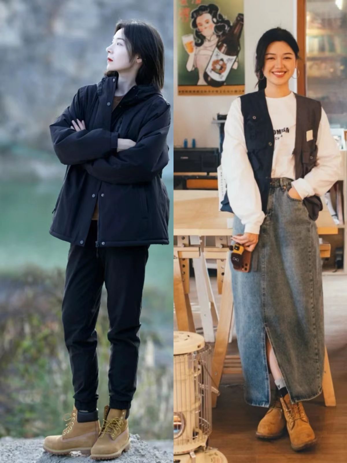 大黄靴羽绒服搭配,大黄靴长羽绒服