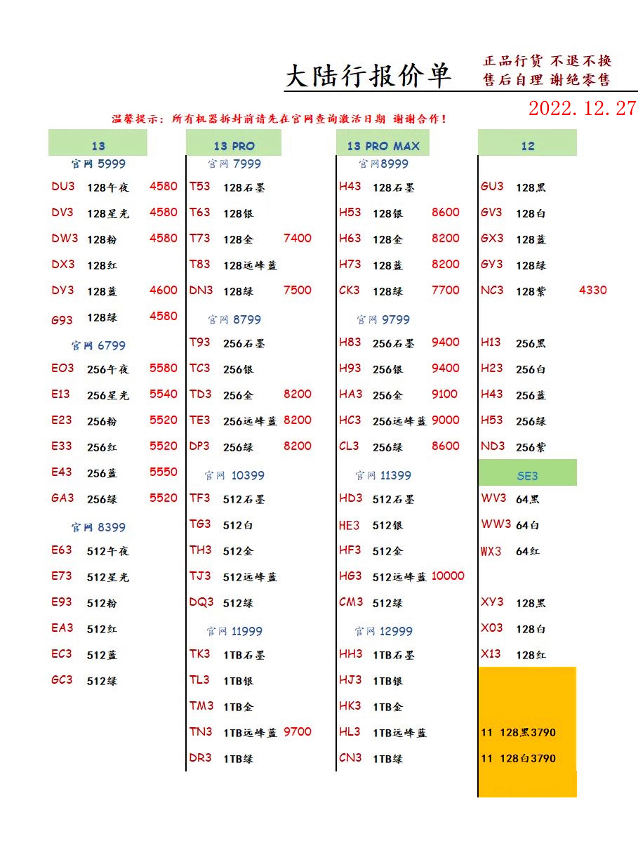 2021年10月27日华强北手机报价,2022年9月16日华强北手机报价