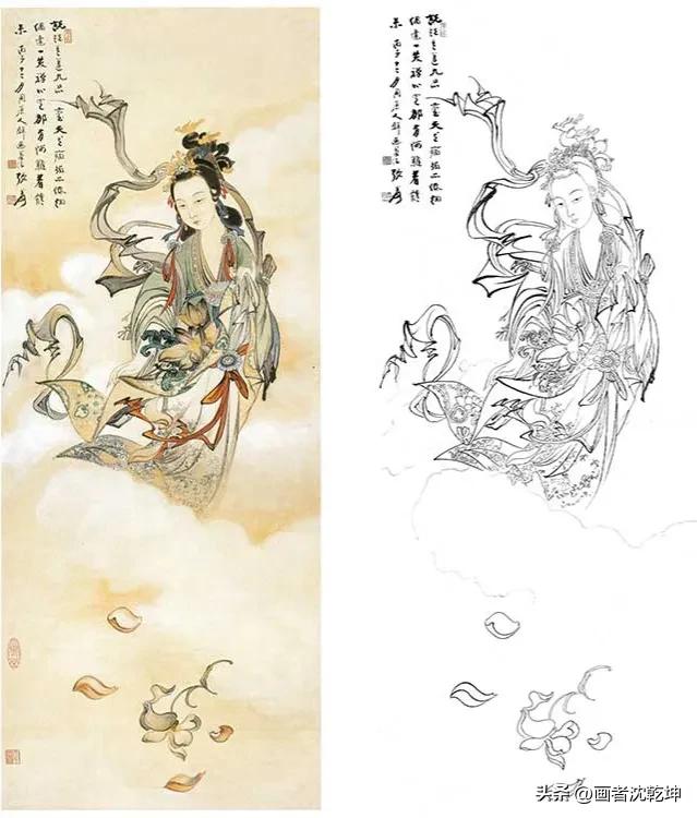 张大千临摹敦煌壁画白描稿,张大千工笔人物头部白描