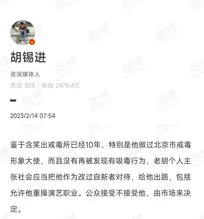 胡锡进：我反对终生禁止*毒涉**艺人复出这种行为已违法