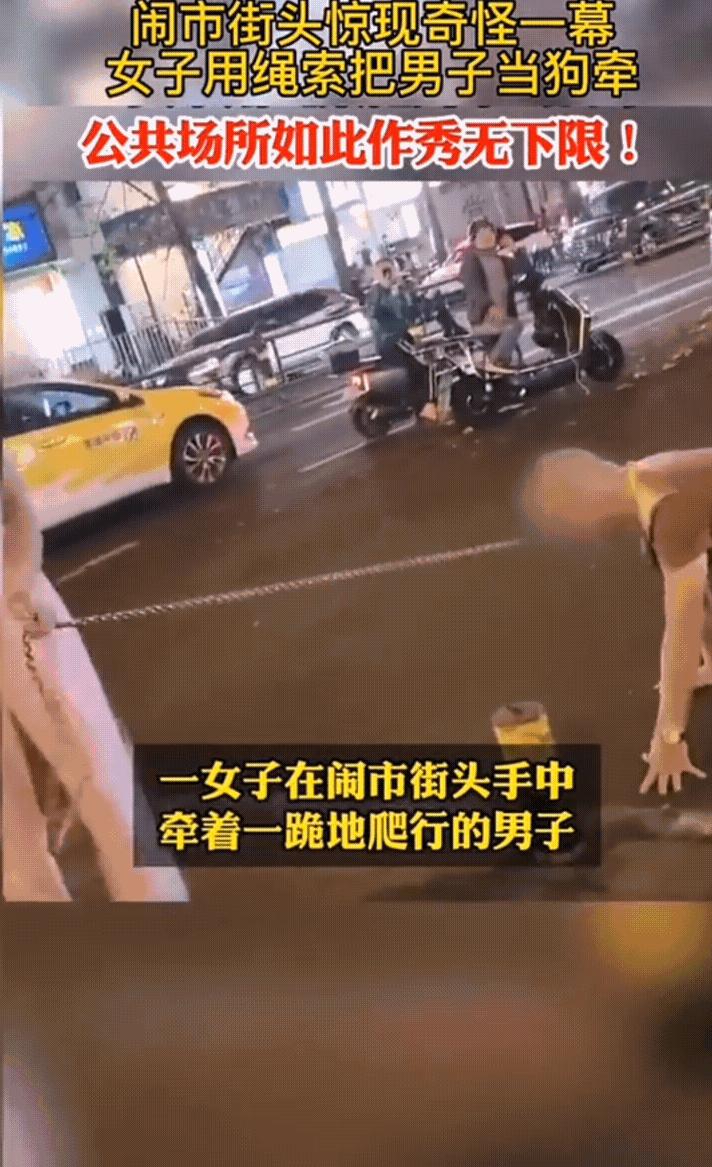 海口女子当街牵男友遛狗原视频,海南海口街头女子牵男子