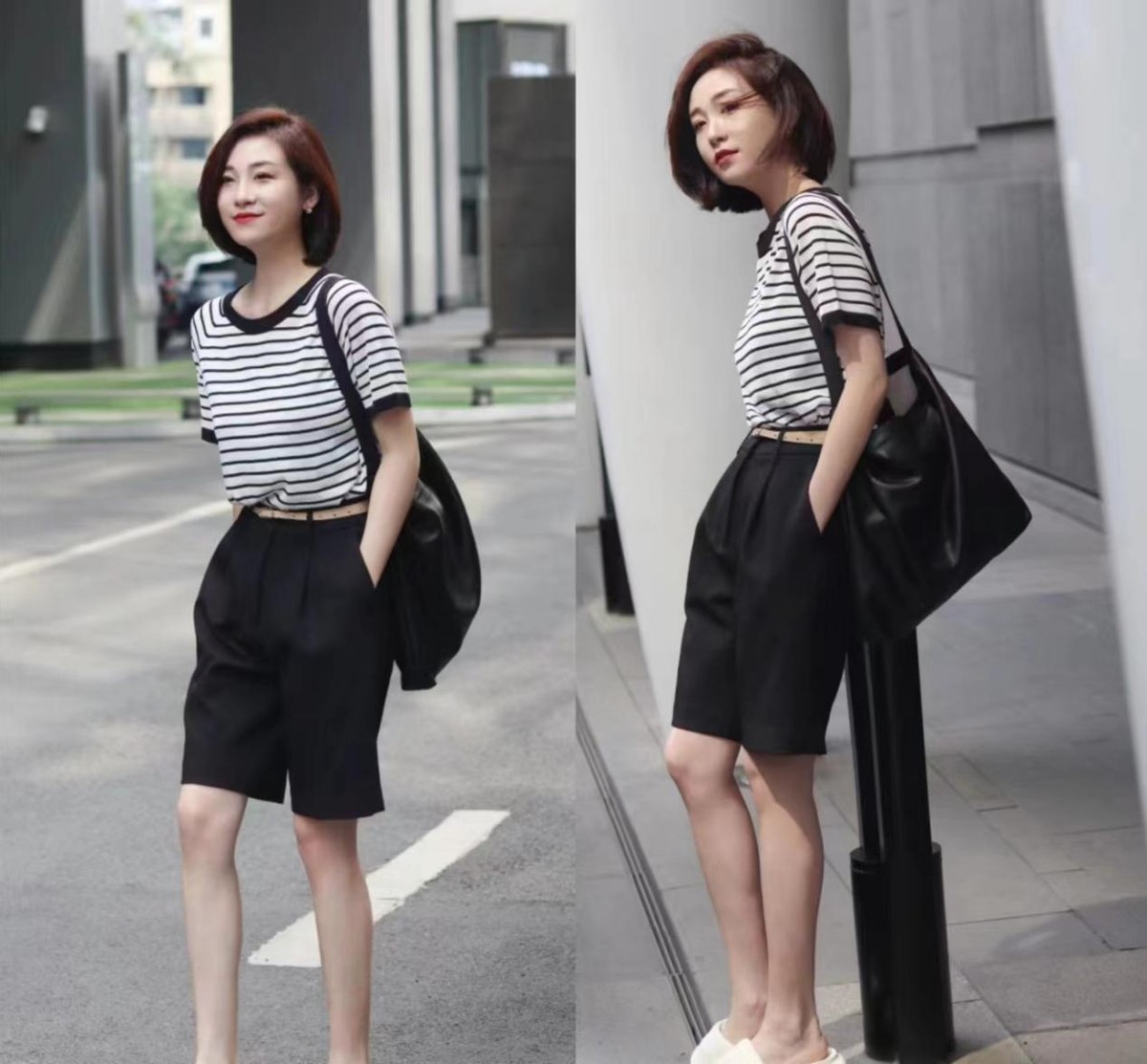 比较高级的夏季条纹典型穿衣搭配,夏天短款条纹衫搭配