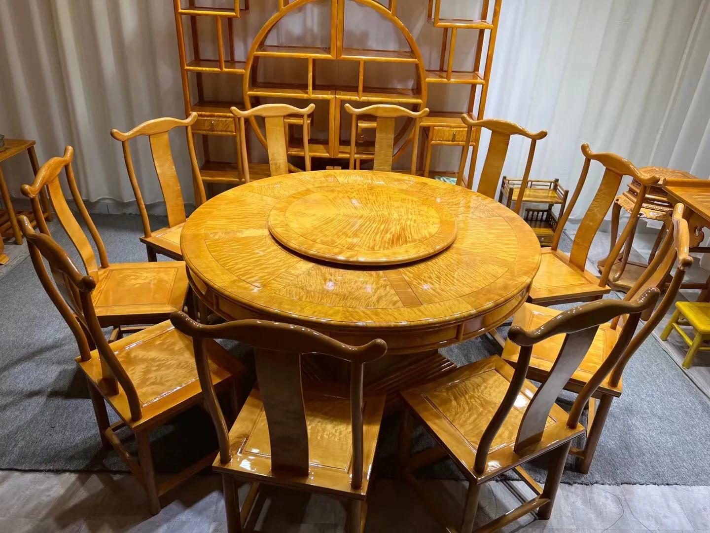 金丝楠木圆形餐桌7件套,金丝楠木圆餐桌水波纹