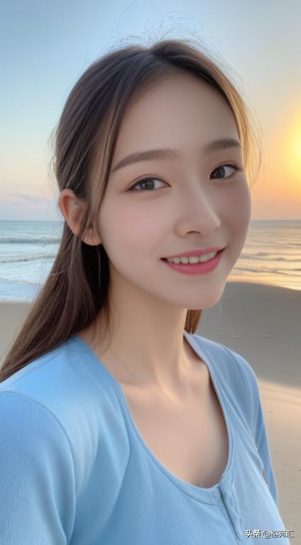 AI美女|夏日海边甜美微笑的女孩
