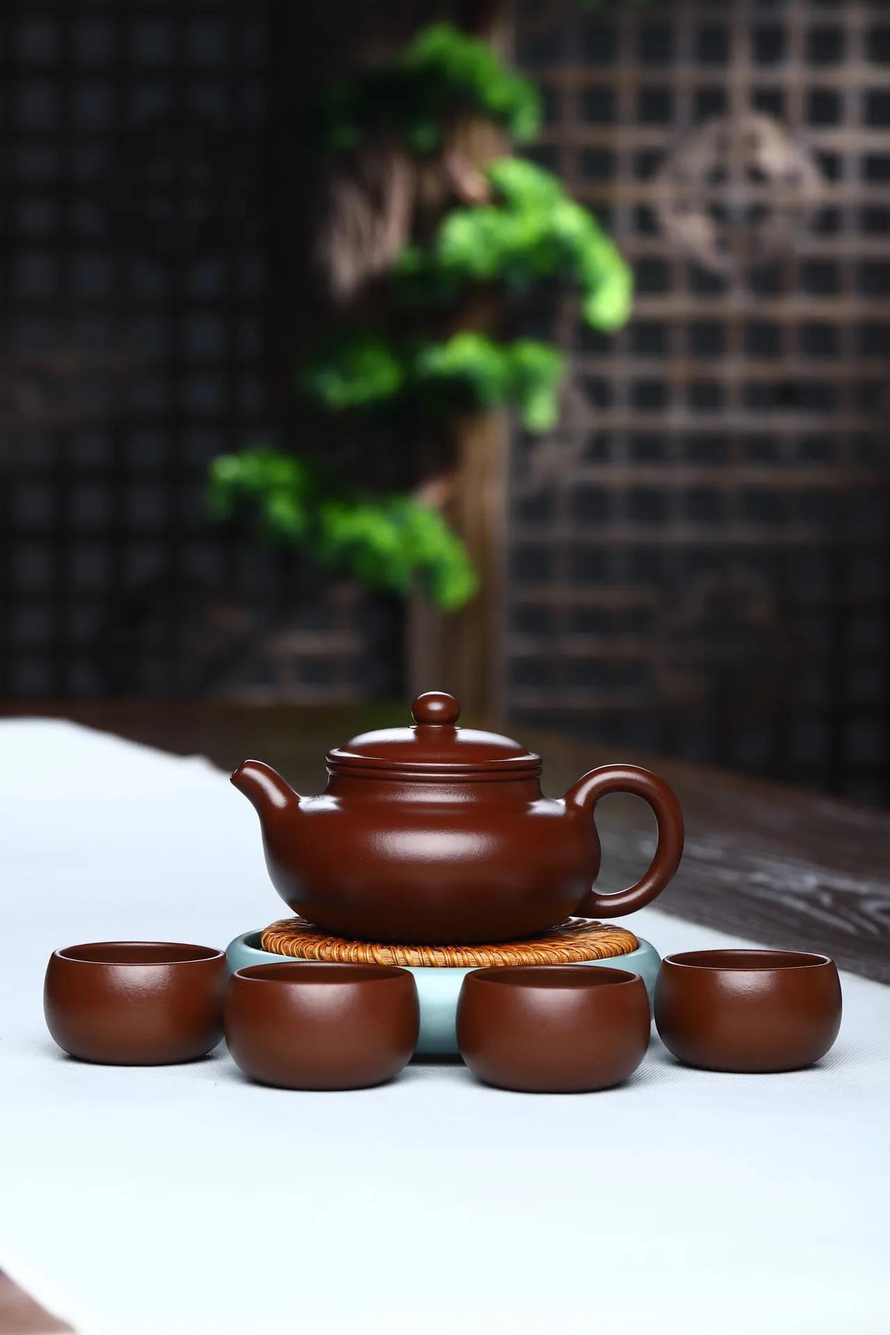 镶玉红朱泥紫砂茶壶,半手工紫泥仿古紫砂壶图片