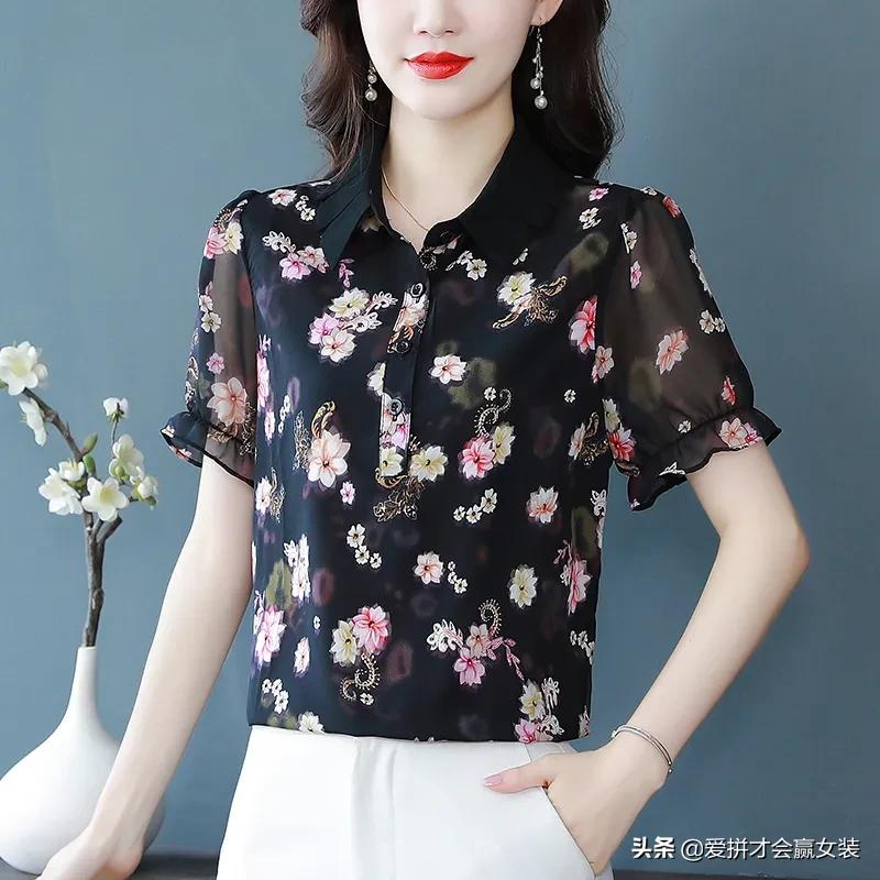 雪纺衫宽松遮肚子中长款短袖碎花,雪纺镂空春季女装刺绣蕾丝衫显瘦