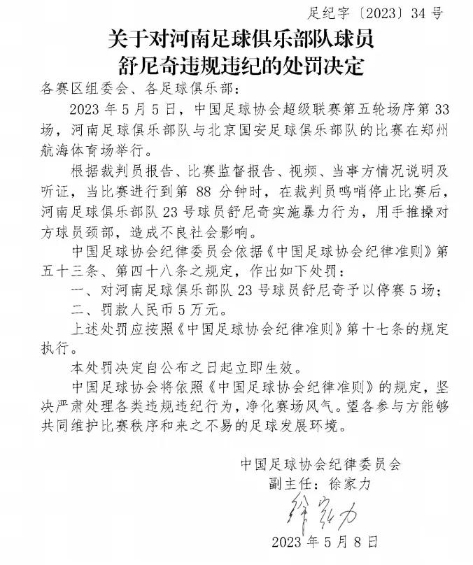 外援舒尼奇被停赛5场,河南舒尼奇几张黄牌