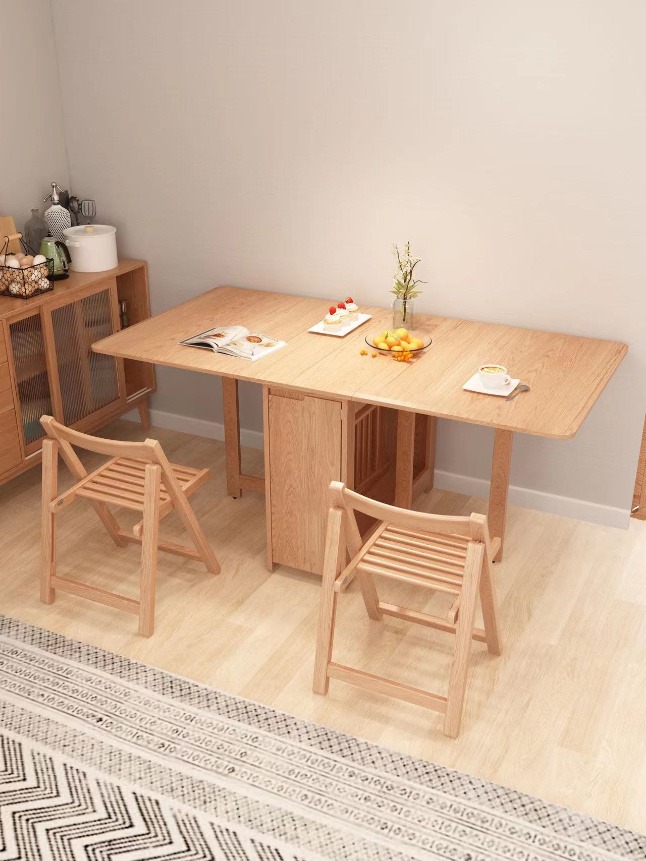 折叠餐桌餐边柜一体小户型,实木餐桌折叠可伸缩长桌小户型