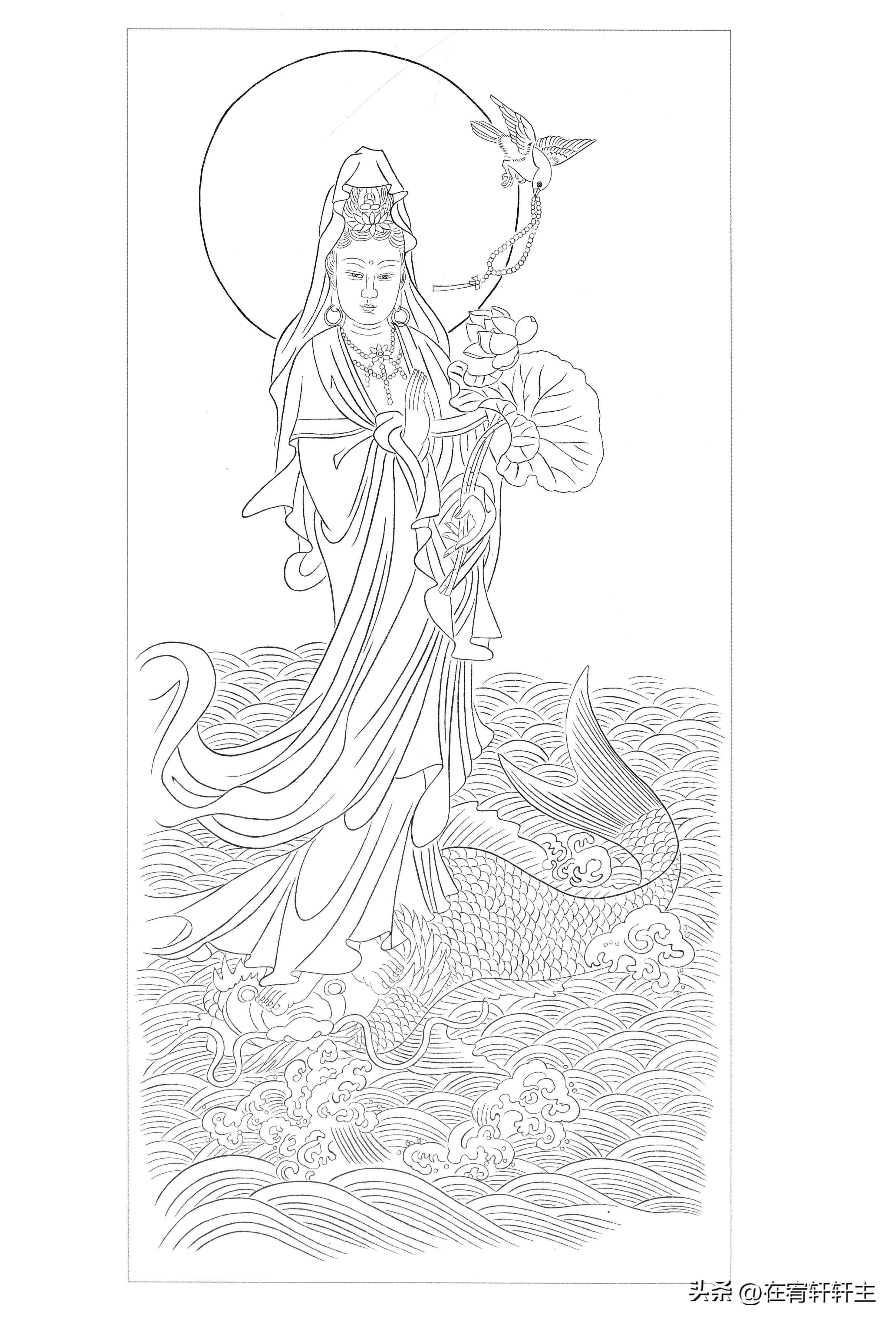 工笔白描观音苏柏斗,工笔画国画白描观音