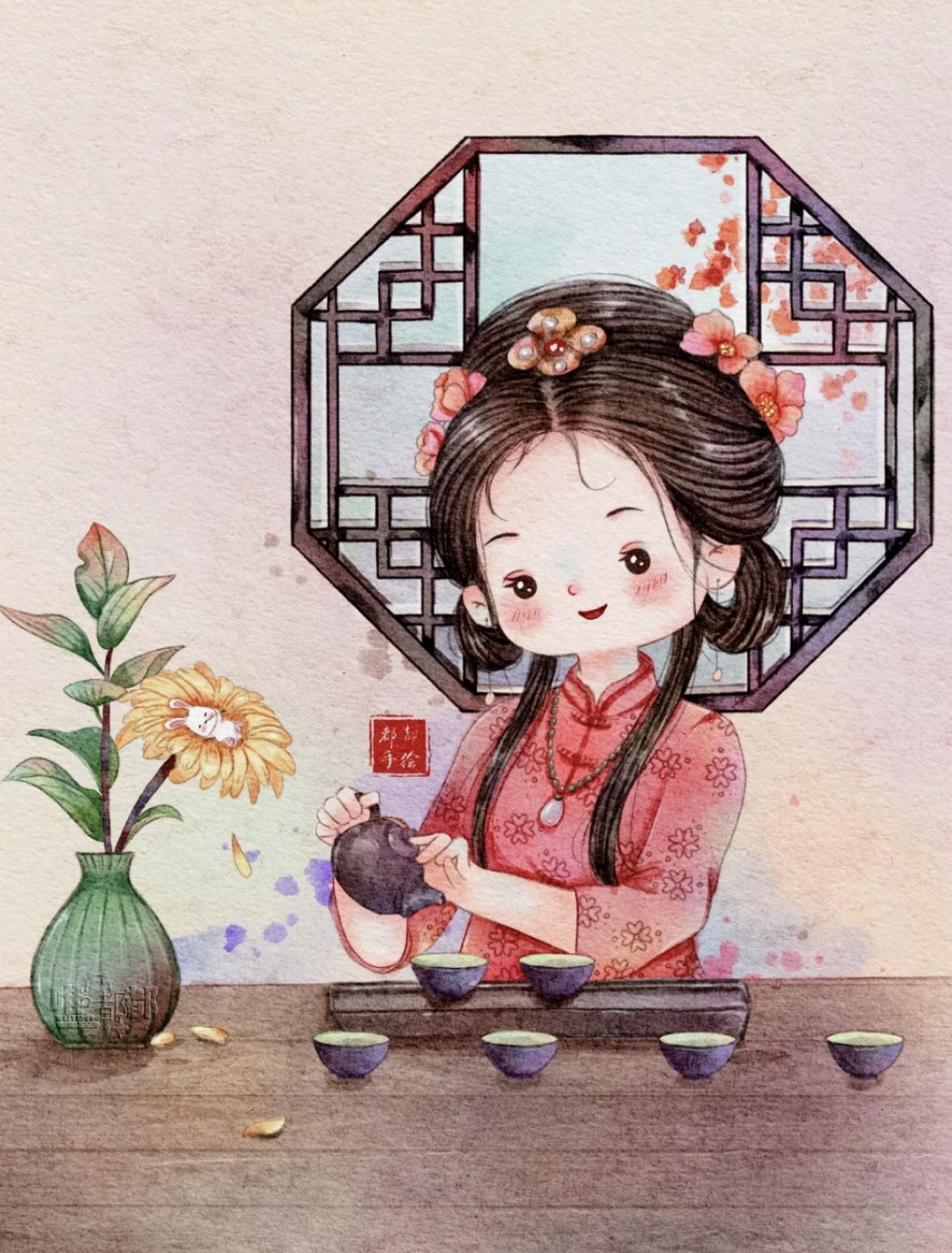 古风俏皮插画,萌萌的古风人物插画