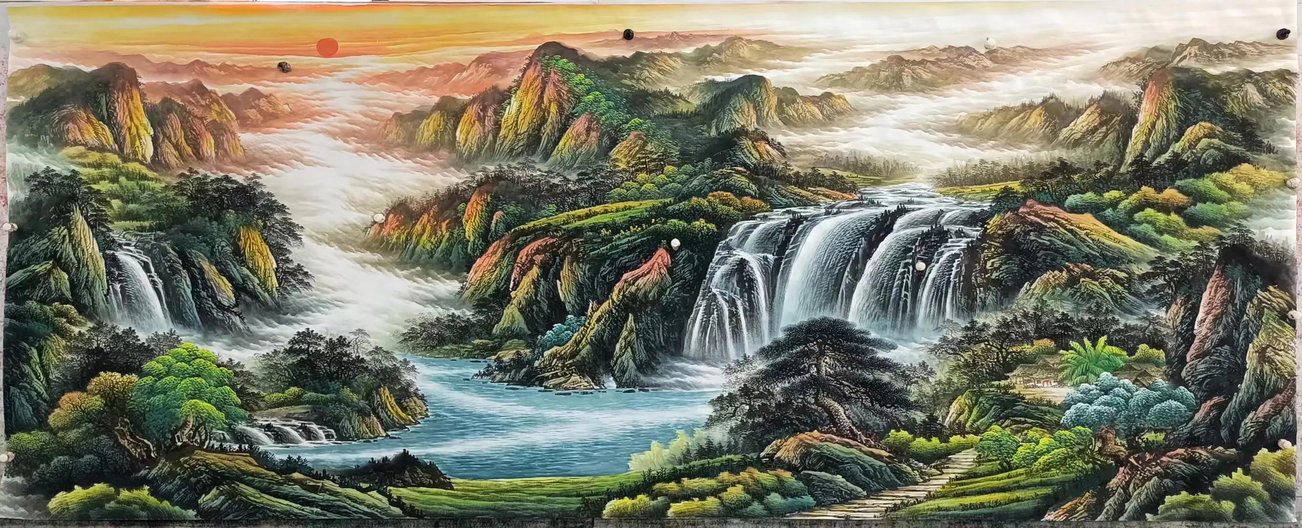 办公室山水画背景墙挂画流水生财,鸿运当头山水画背景墙办公室