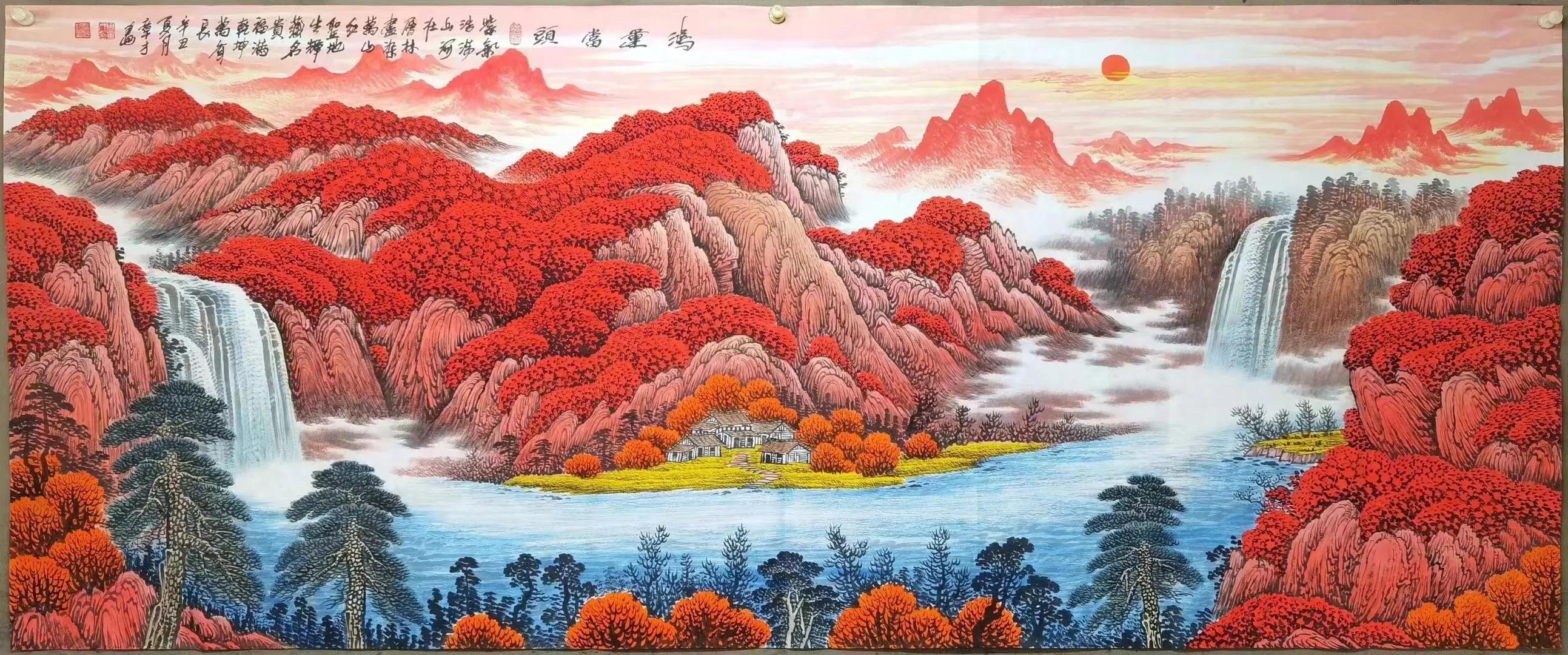 周章才聚宝盆山水画,三幅沙发背景聚宝盆山水画