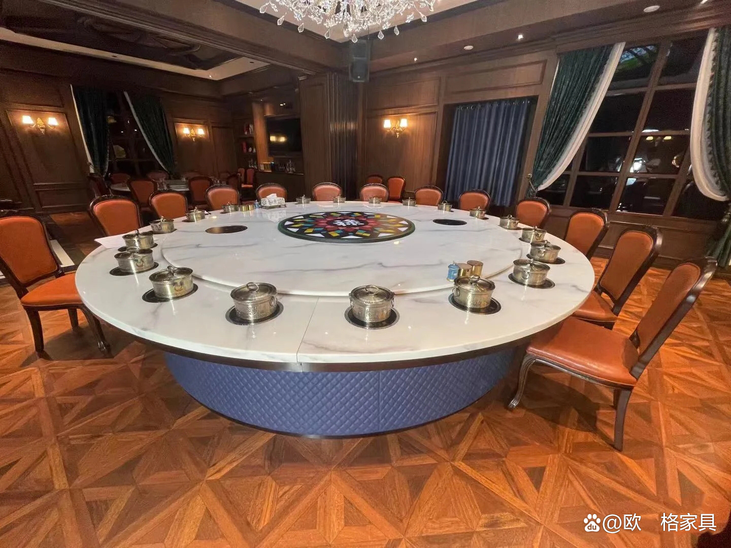 酒店电动餐桌轻奢岩板大圆桌,酒店大理石餐桌电动圆桌