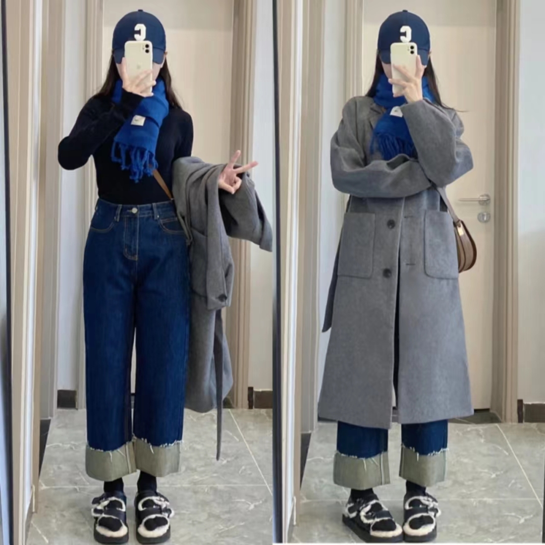 灰色大衣和黑色大衣哪个配jk好看,灰色双面羊绒牛角扣大衣小个子150