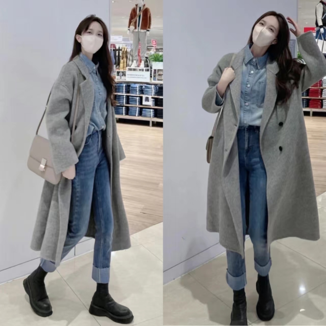 灰色大衣和黑色大衣哪个配jk好看,灰色双面羊绒牛角扣大衣小个子150