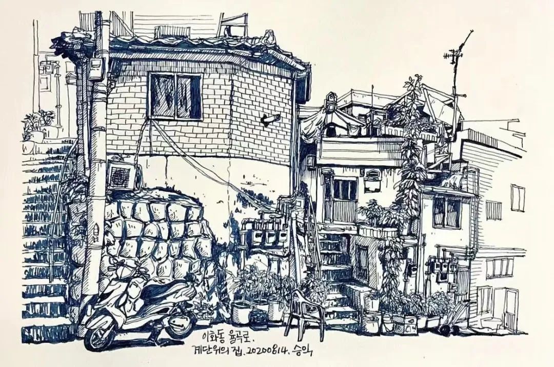 日本画家创作的铅笔街景速写,韩国速写大师