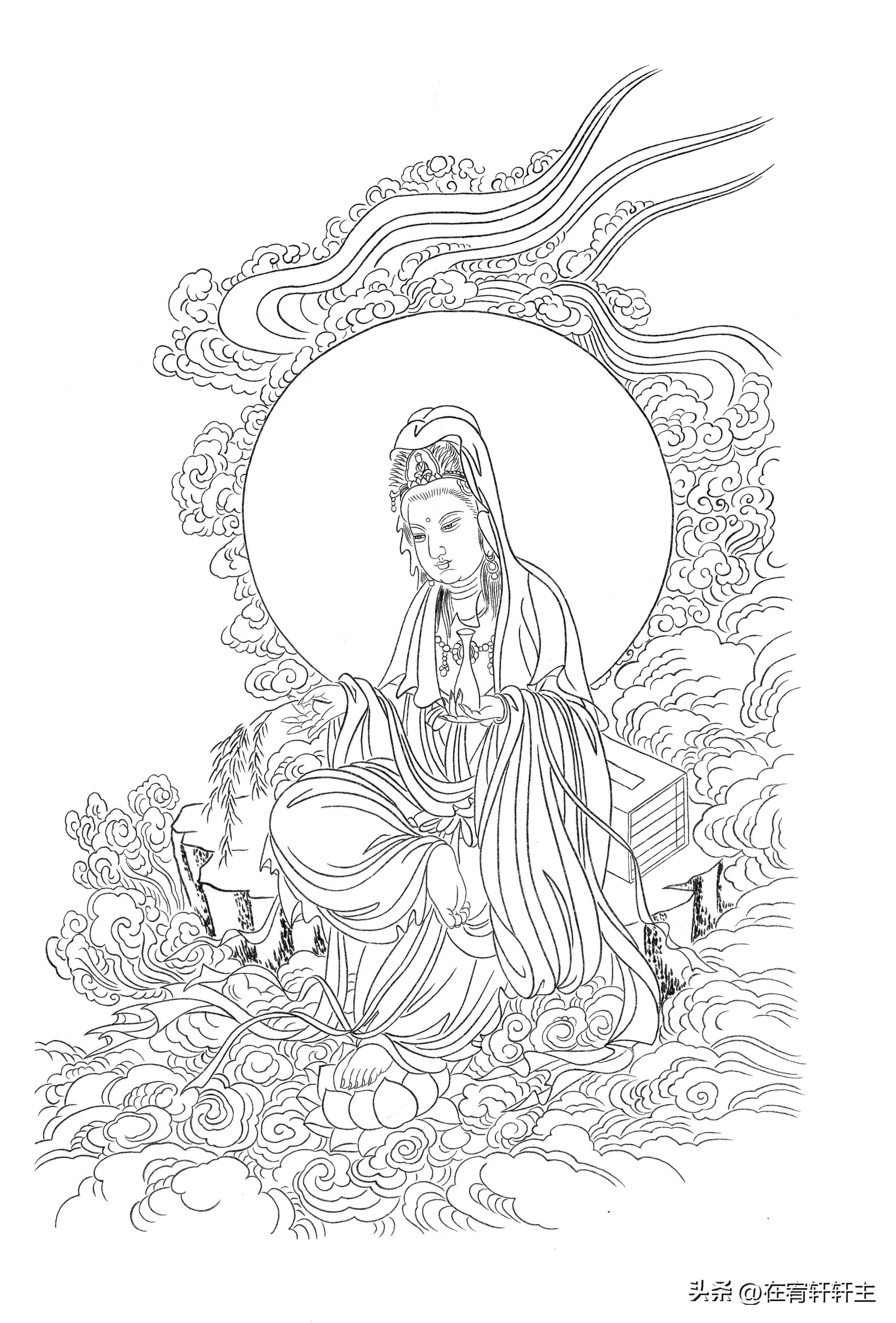 工笔白描观音苏柏斗,工笔画国画白描观音