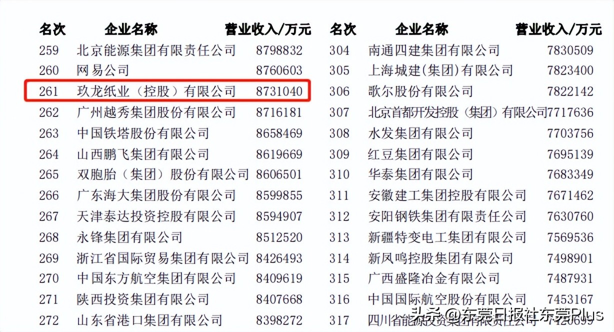 玖龙纸业200强,玖龙纸业中国民营企业排名