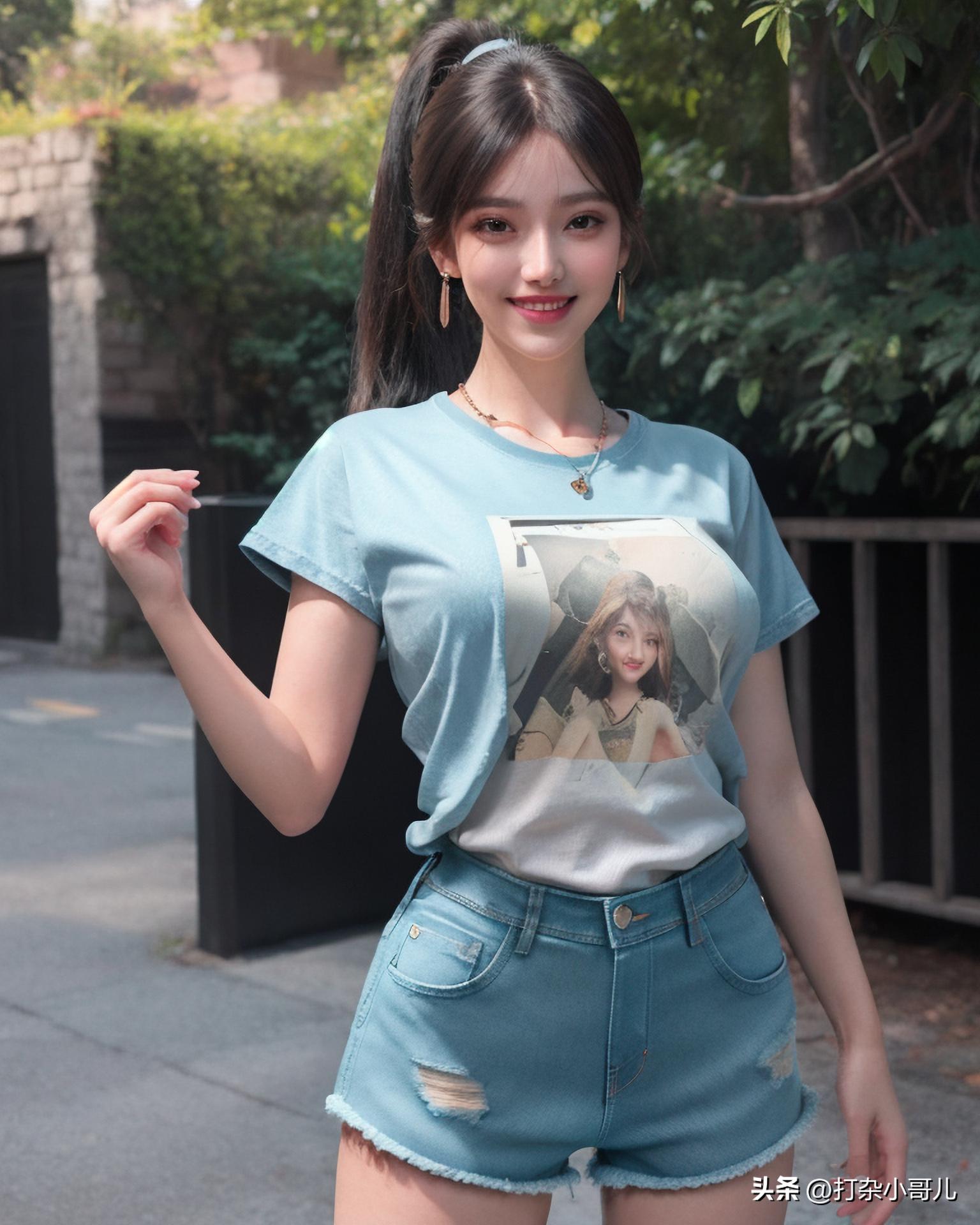 夏日穿搭黑短袖黑短裤,女款t恤穿搭女士牛仔短裤方法
