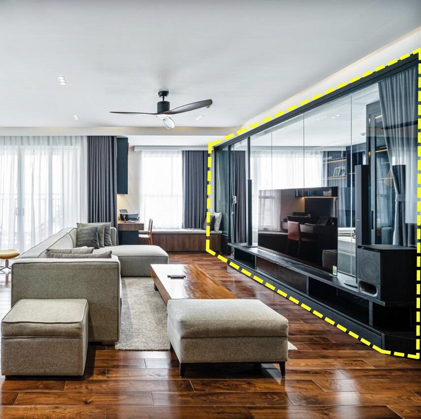 一半墙一半玻璃隔断卧室和客厅图,用电视墙来做客厅隔断实用又美观