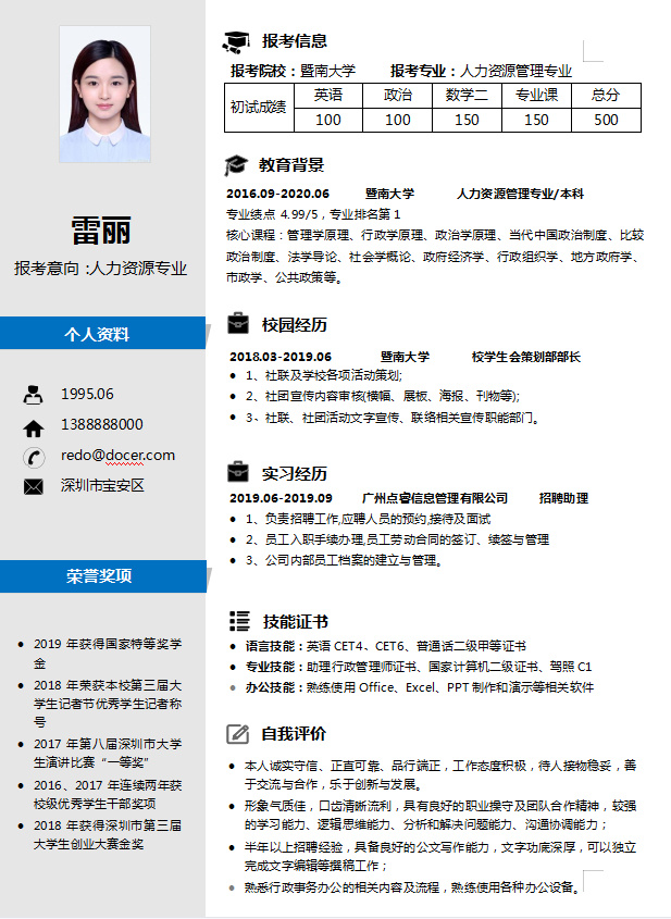 2020考研复试自我介绍模板汇总,考研复试个人简历基本信息模板