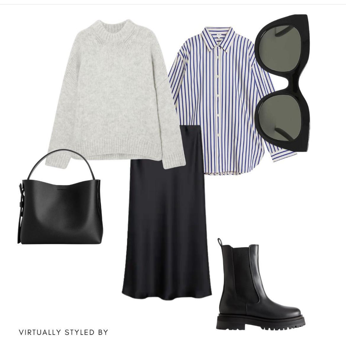 一款常规款半裙的多种风格搭配,灰色绸缎半裙搭配什么颜色上衣