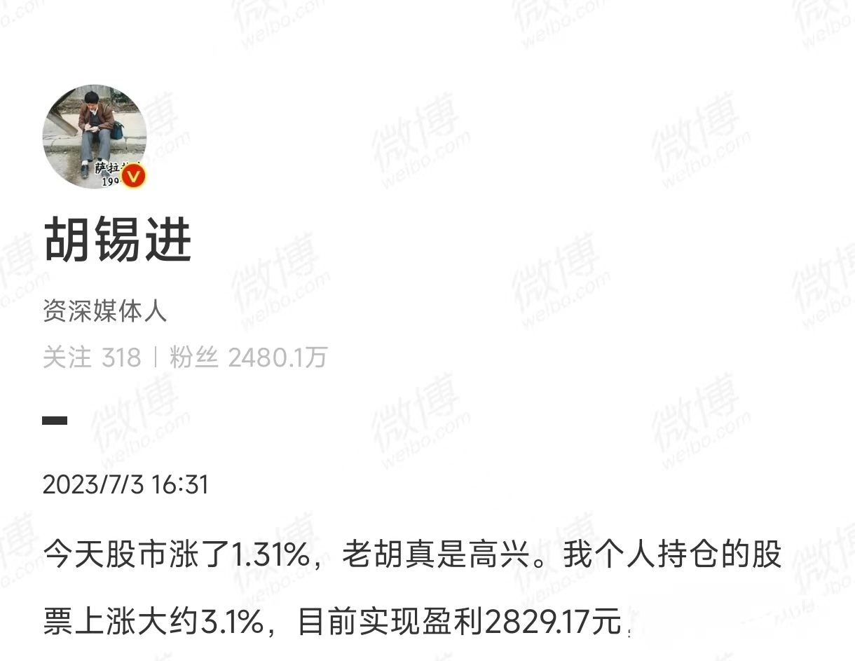 我炒股又赚了!胡锡进向全国*民报人**喜:今年大盘有望涨20%