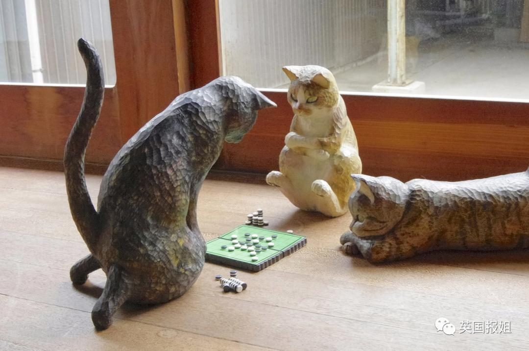 木头雕刻作品猫,手工雕刻木雕小猫