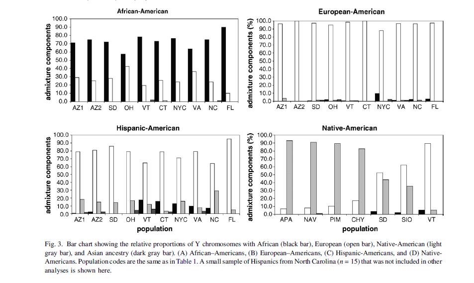 美国白人、黑人、印第安裔、西班牙裔、亚裔的父系Y类型构成