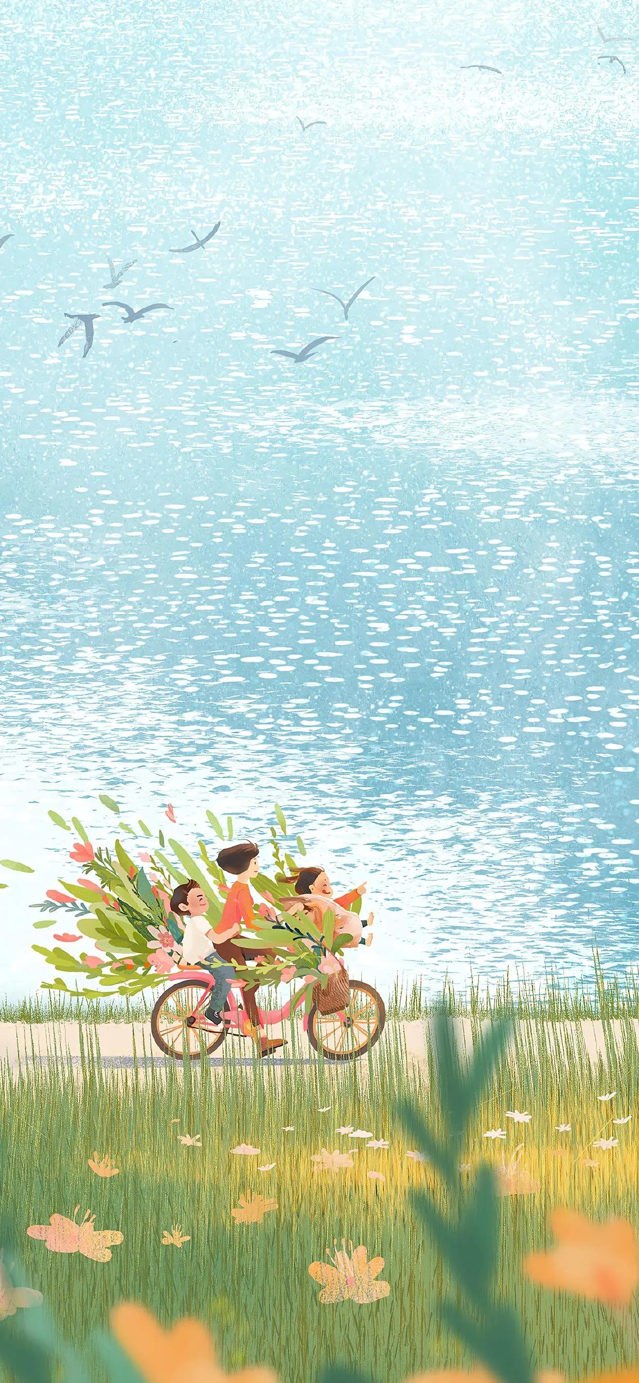 萌图100张可爱壁纸,春日海边小镇壁纸插画