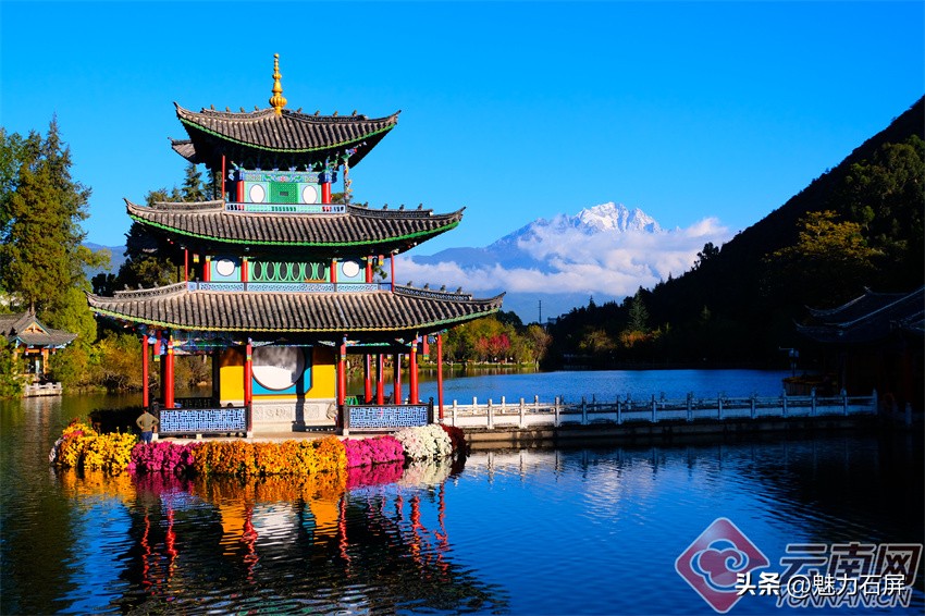 丽江黑龙潭玉龙雪山倒影美图,丽江早晨黑龙潭风景区