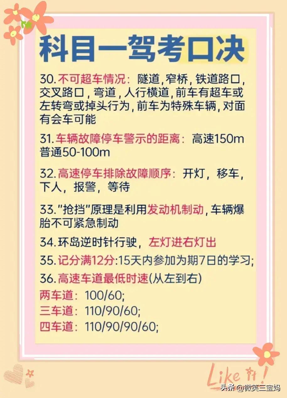 科目一驾考口诀，一次性整理清楚，涨知识了，内容仅供参考。