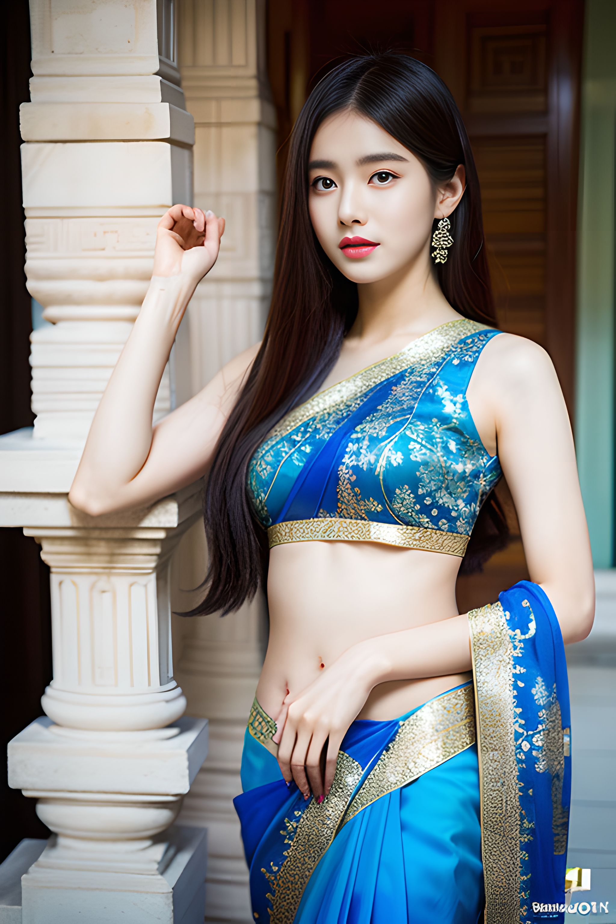 一袭青衣薄纱轻盈灵动,纱丽的穿衣搭配