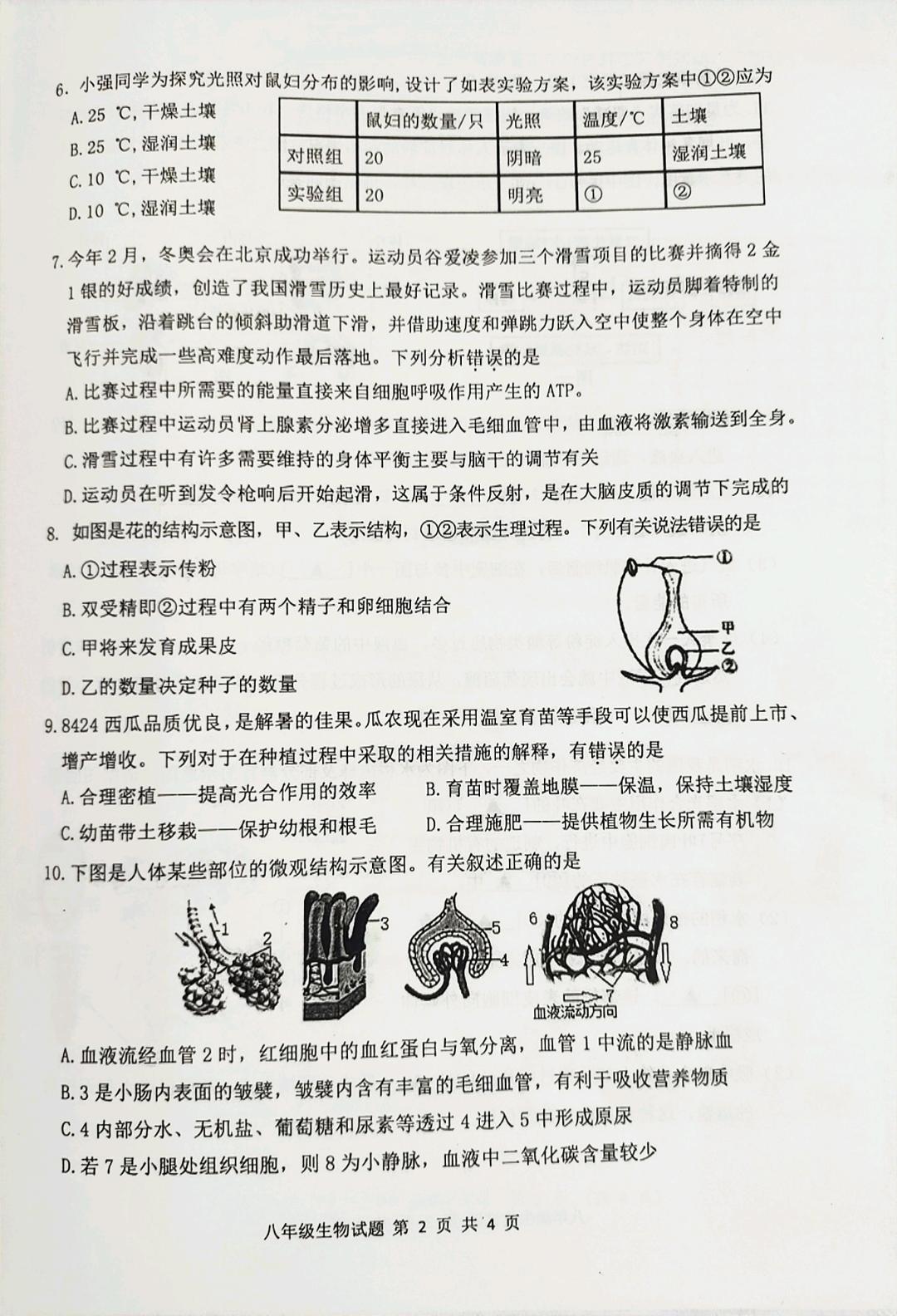 初中生物（会考/中考）学业水平考试试题（附答案）