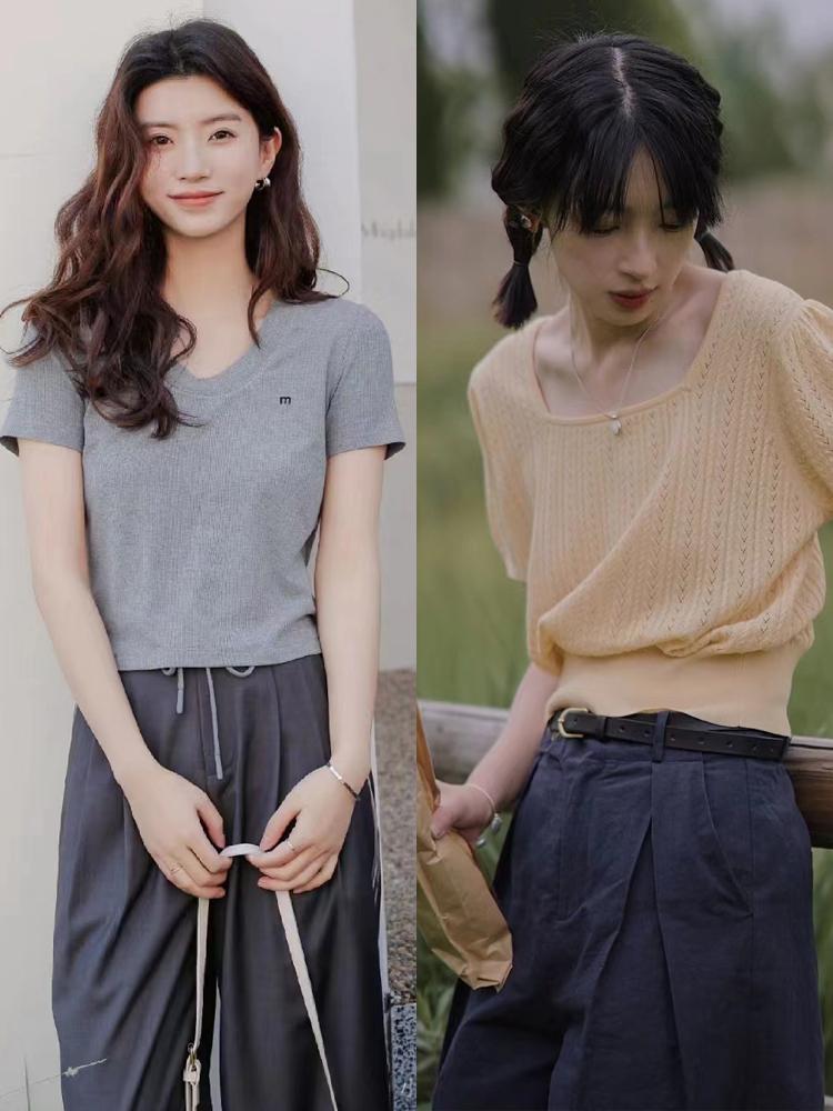 穿半截袖t恤,一字肩短袖针织衫配什么裙子好看