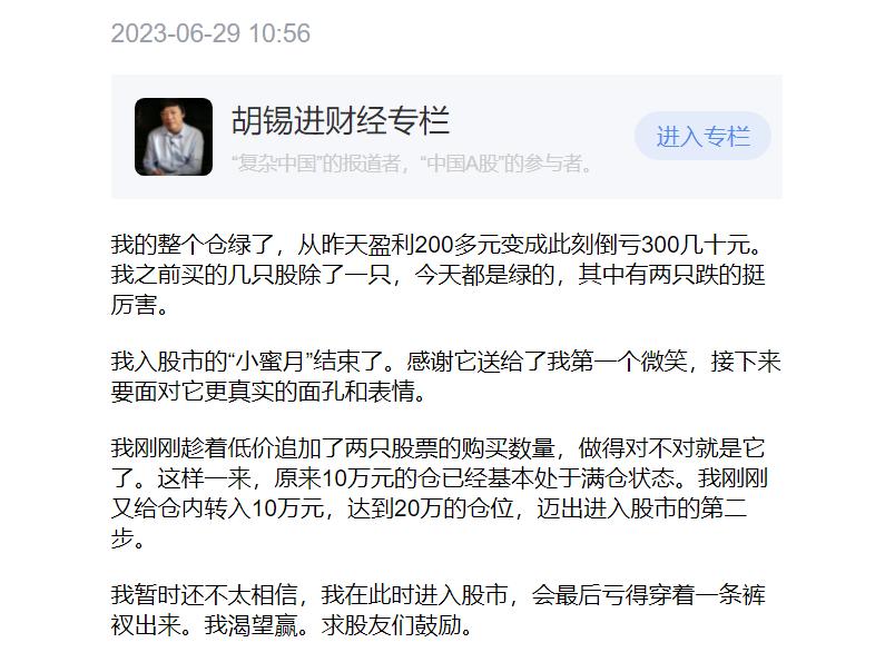 胡锡进接受采访视频谈炒股,胡锡进炒股浮亏首次突破5万