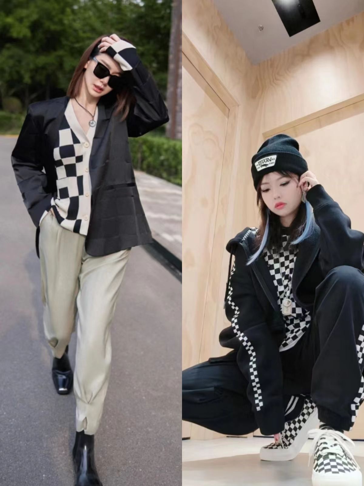 今冬不流行穿“动物纹”了,换成“千鸟格”、“棋盘格”,更优雅