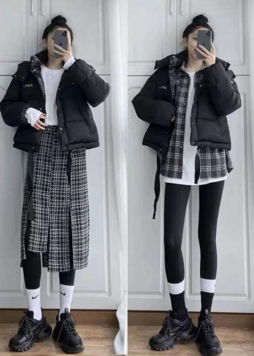 长款羽绒服鲨鱼裤老爹鞋,宽松羽绒服搭配鲨鱼裤老爹鞋