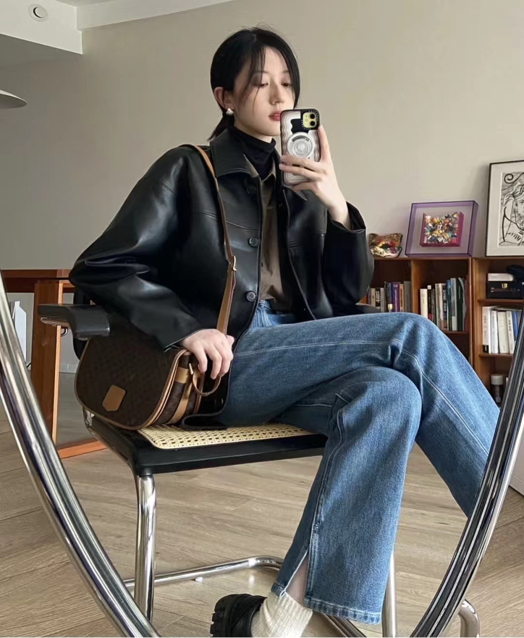 秋冬黑色宽松皮衣两件套,40-50岁洋气皮衣套装