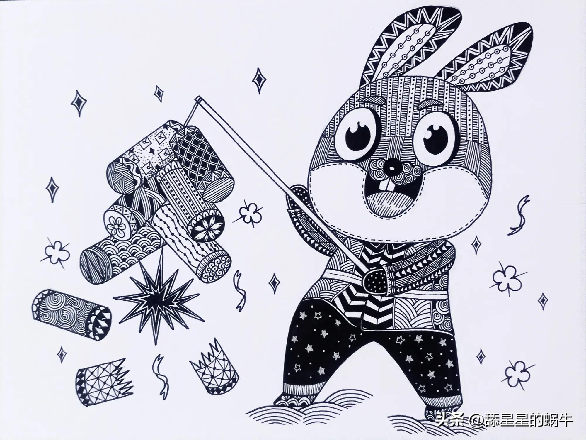 黑白线描画兔年大吉图文版,兔年主题画线稿怎么画