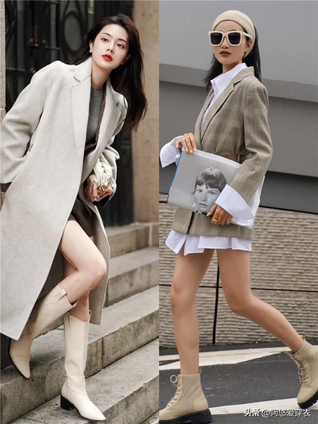 米色长筒靴秋冬穿搭,米白色马丁靴秋季穿搭