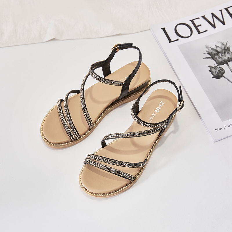 波西米亚松糕坡跟凉鞋女水钻,时尚镂空满天星水钻坡跟罗马凉鞋