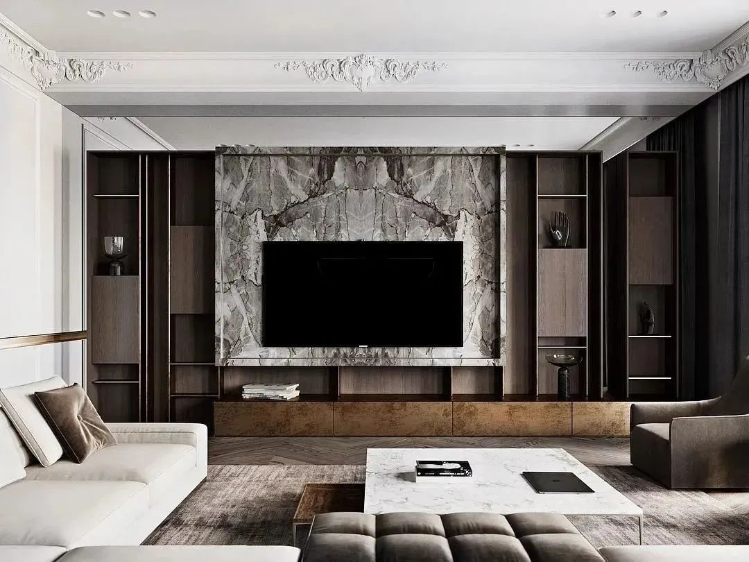 大理石电视背景墙现代简约黑白灰,新中式高级灰大理石电视背景墙