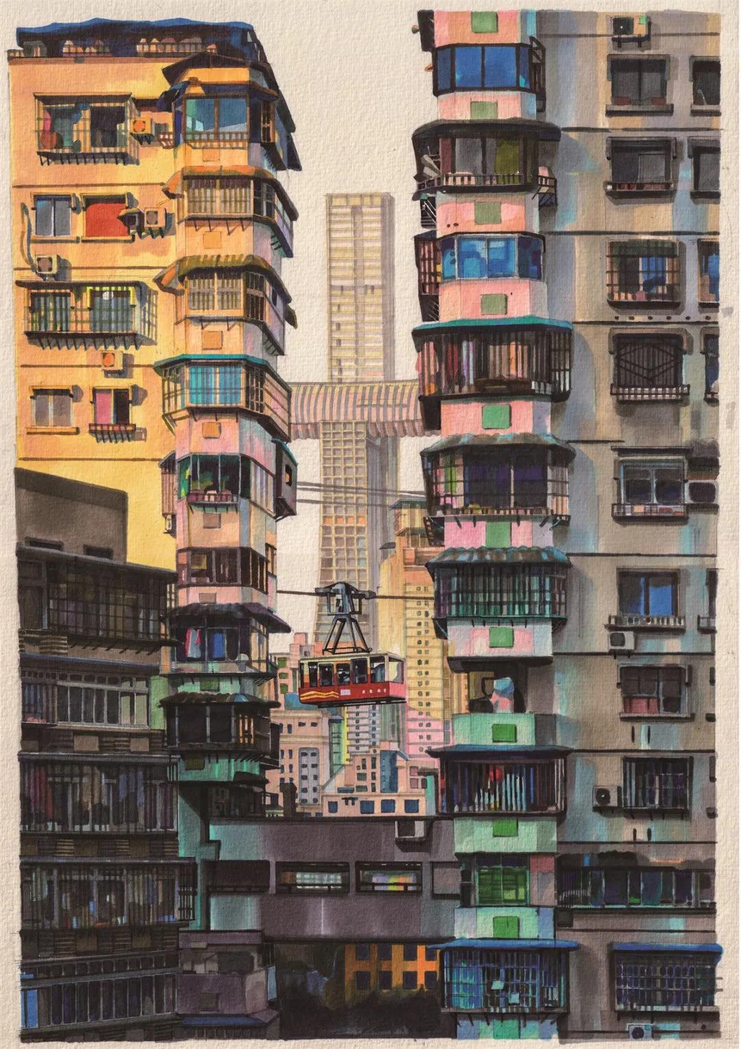 马克笔手绘风景重庆,东北一小伙手绘魔性地图