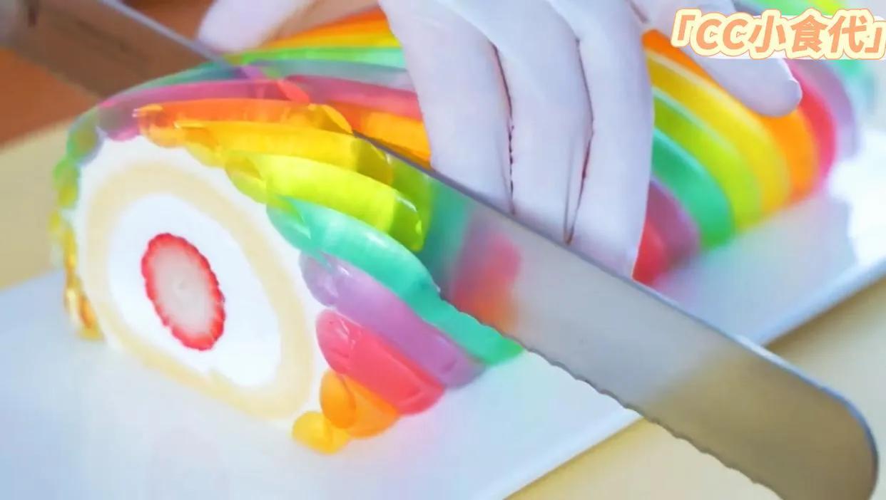 彩虹果冻蛋糕,彩虹果冻蛋糕卷怎么做