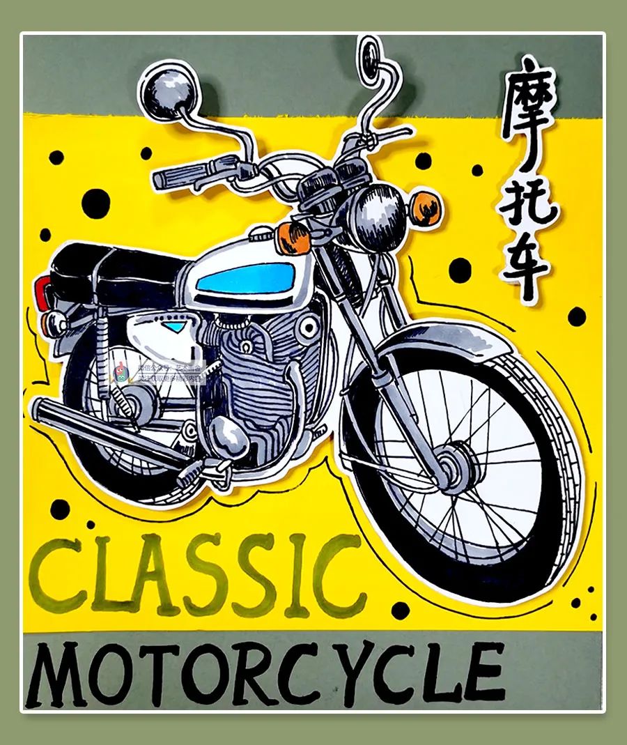 儿童画摩托车简单画法,摩托车线描画