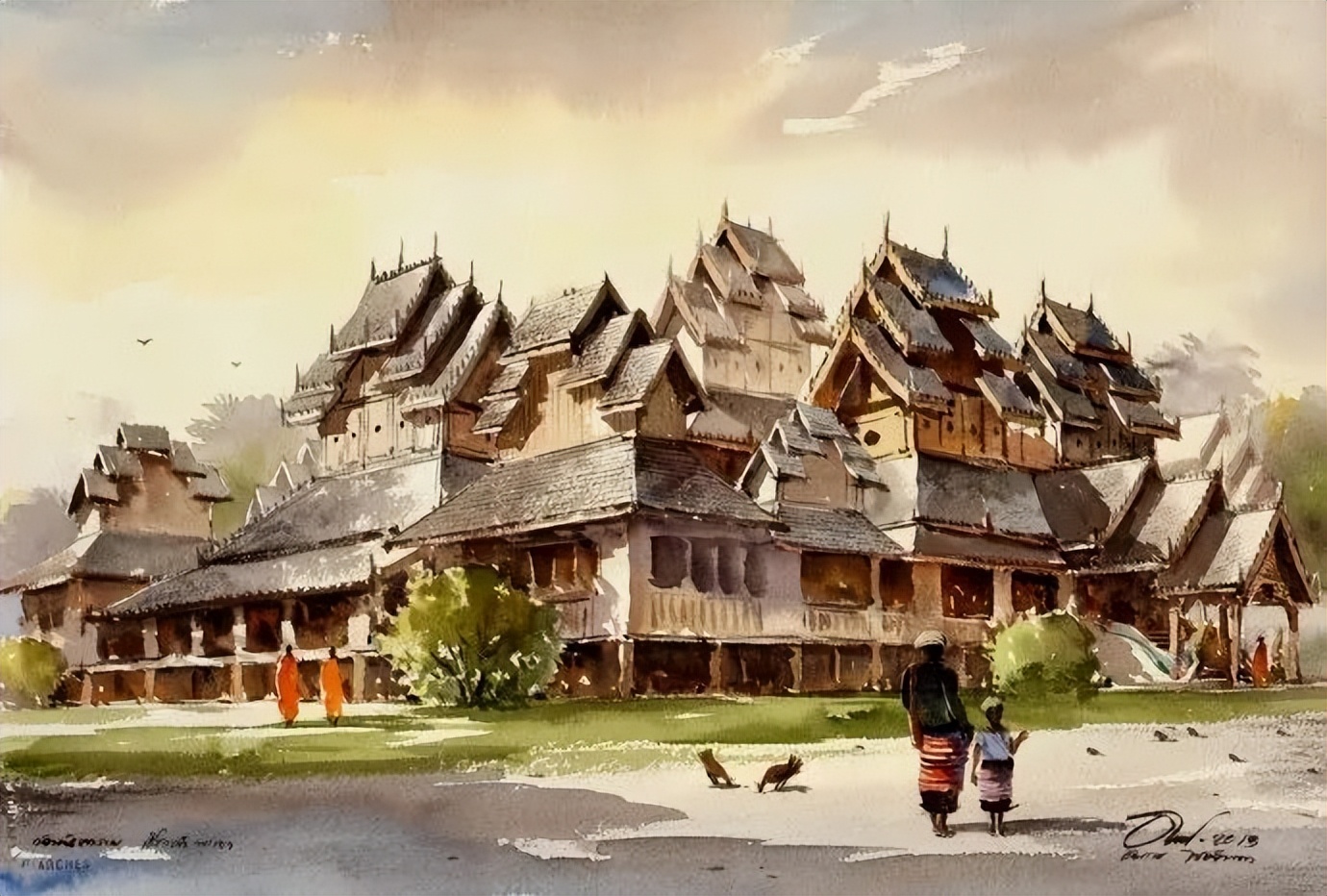 泰国水彩,泰国水彩画家绘画过程