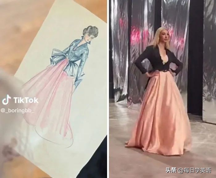 奶奶看到孙女设计的婚服,孙女用奶奶的设计草图制作成衣