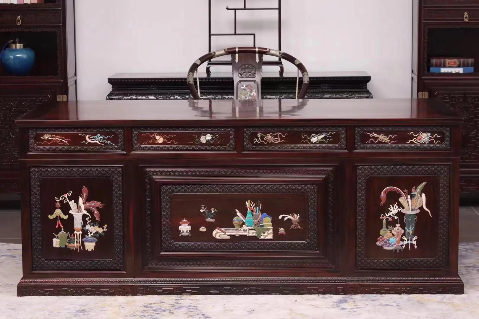 酸枝百宝嵌博古文办公桌「材质」：大红酸枝（学名：交趾黄檀